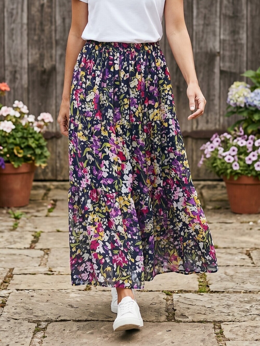 krazy kat Black Floral Tiered Maxi Skirt with Pink & Yellow Flowers